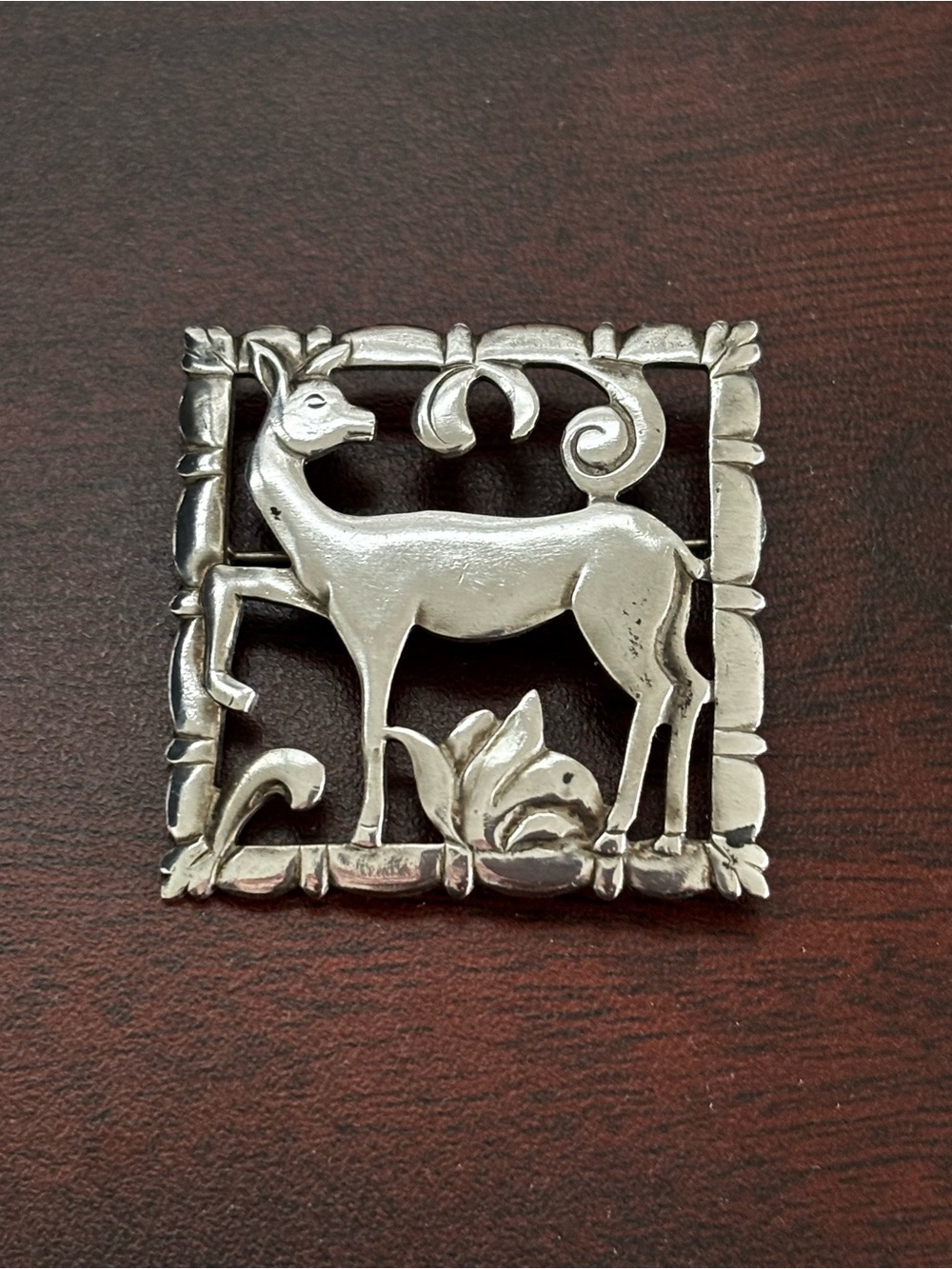 Vintage Sterling Silver Deer Brooch – BRKS Signed – Folk Art Style Pin